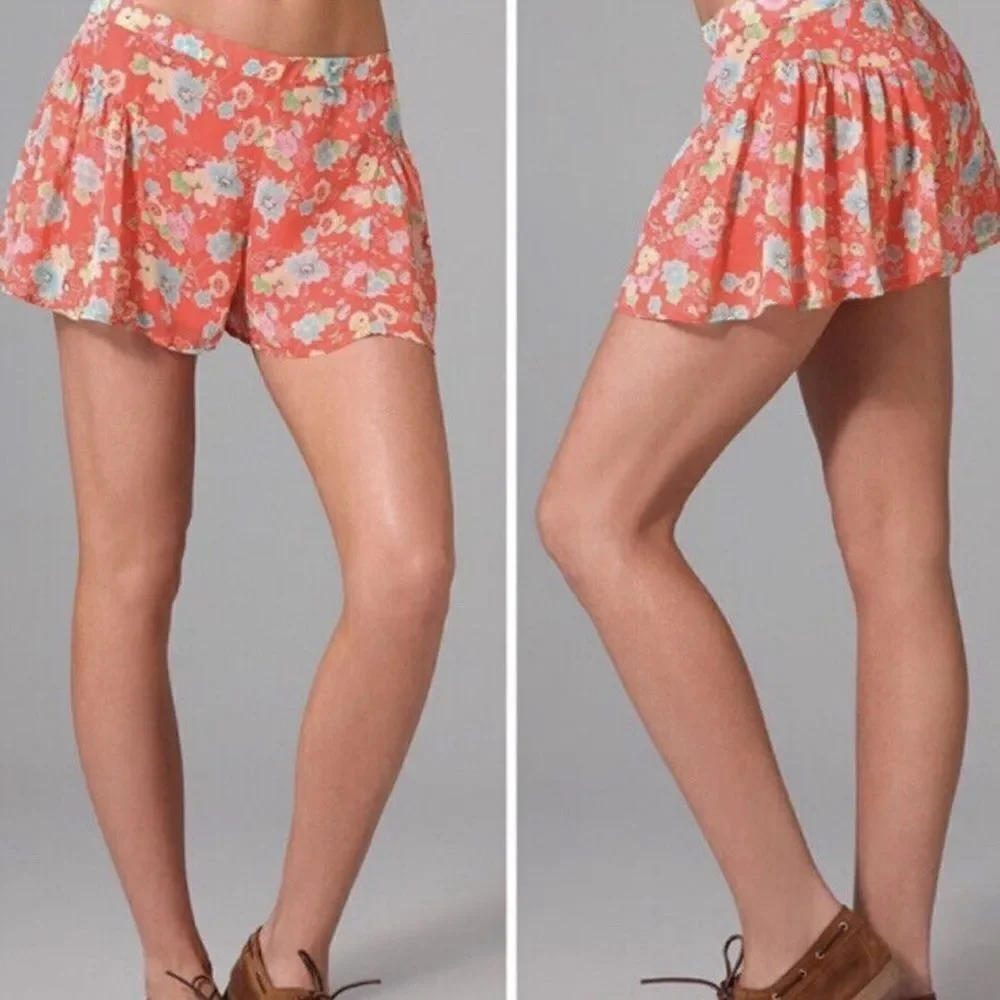 Free People Floral Pleated Coral Shorts Skort 8